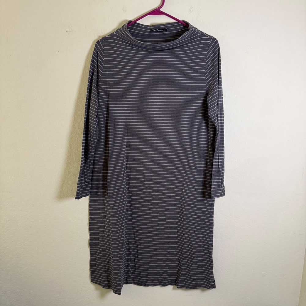 Two Danes Bamboo Cotton Striped Funnel Neck Shift Dress with Pockets Grey M